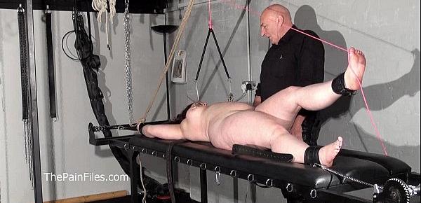  Nipple tortured crying fat slaveslut on punishment rack is whipped and tormented